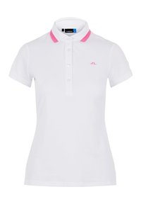 Vitt kortärmat polotröja med rosa krage, framknäppning och liten rosa broderad logotyp på bröstet.