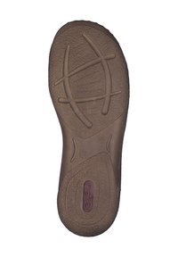 Brun gummisul med texturerad yta, utrustad med ett geometriskt mönster, oval logotyp och storleksmarkering (38). Släta kanter och rundad form.