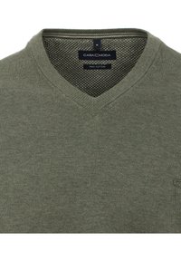 Olivengrüner Baumwoll-V-Ausschnitt-Pullover mit einem strukturierten Muster am Kragen und einem kleinen Logo-Akzent auf der linken Seite. Größenetikett sichtbar.