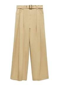 Beige wijde broek met hoge taille, voorzien van een riemontwerp, plooien aan de voorkant en een zachte stofstructuur.