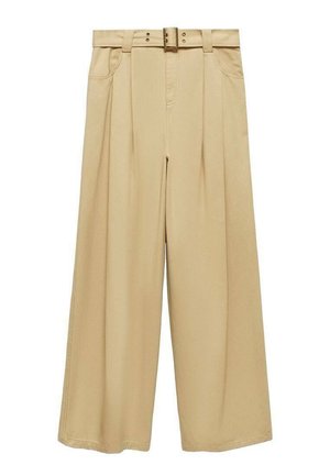 Beige wijde broek met hoge taille, voorzien van een riemontwerp, plooien aan de voorkant en een zachte stofstructuur.