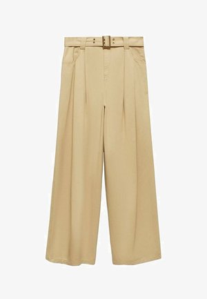 Beige wijde broek met hoge taille, voorzien van een riemontwerp, plooien aan de voorkant en een zachte stofstructuur.