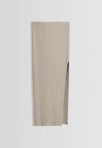 Beige, ribbad midijitter med en sidoklyfta, tillverkad av texturerat tyg, med en rak silhuett och rena linjer.