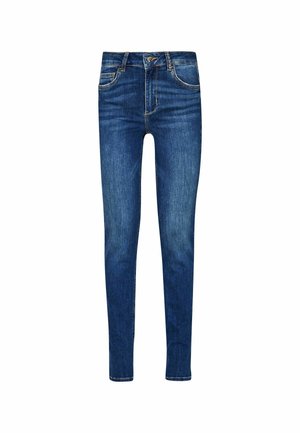 Jeans skinny-fit in denim blu scuro. Presentano un classico design a cinque tasche e chiusura con zip e bottone. Le sezioni sbiadite aggiungono una sottile texture.