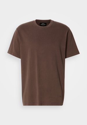 Brown short-sleeve crewneck T-shirt with a small logo near the hem and brand label inside the neckline, displayed on white background.