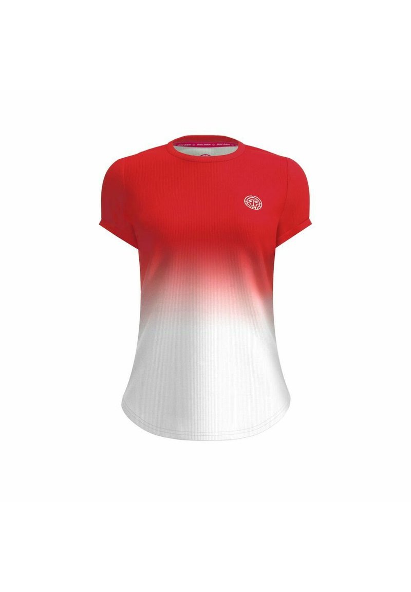 Camiseta de manga corta roja y blanca con un diseño en degradado, fabricada con un tejido texturizado, con un logo en la parte superior izquierda del pecho.