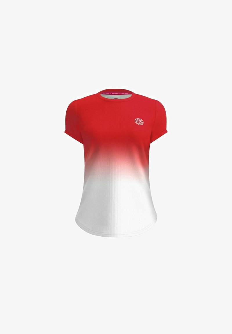 Camiseta de manga corta roja y blanca con un diseño en degradado, fabricada con un tejido texturizado, con un logo en la parte superior izquierda del pecho.