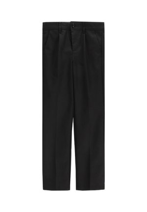 Czarne proste spodnie od garnituru z szlufkami na pasek, przednim guzikiem, zamkiem błyskawicznym i bocznymi kieszeniami, ułożone płasko na białym tle.