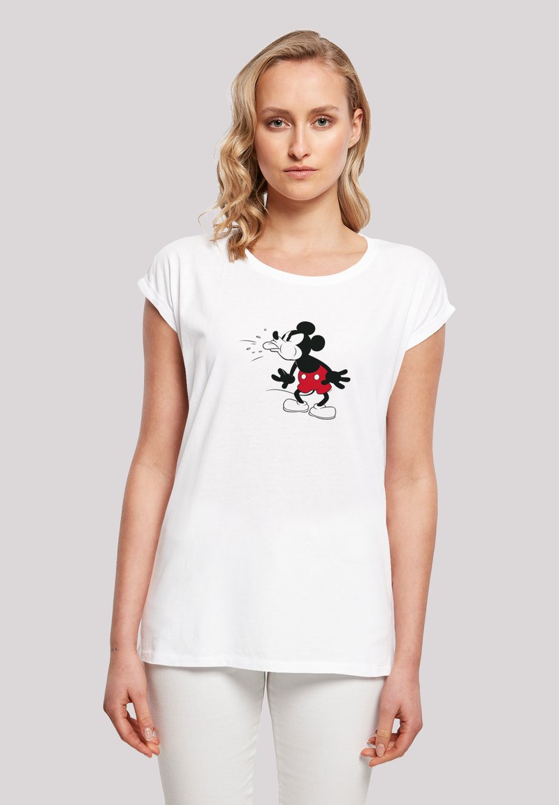 Weißes Baumwoll-T-Shirt mit aufgerollten kurzen Ärmeln, das ein schwarz-rotes Grafikdesign eines Cartoon-Maus zeigt. Sanfter Stoff, lockere Passform.