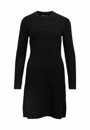 Schwarzes geripptes Strickkleid mit rundem Ausschnitt, langen Ärmeln und leicht ausgestellt am Saum. Hergestellt aus strukturiertem Strickstoff.
