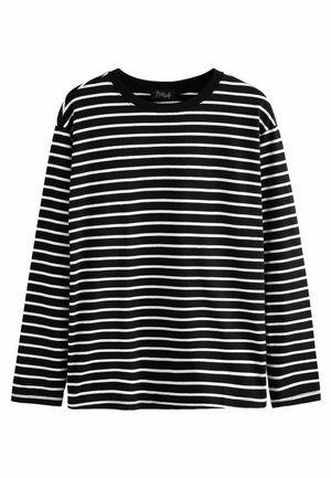Melnā un baltā svītrainā longsleeve krekls, izgatavots no mīksta auduma ar apaļu kakla izgriezumu un taisnu apakšmalu. Gluda tekstūra un vienmērīga raksta izpildījums.