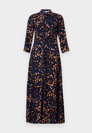 Langes, knöpfbares Kleid mit schwarzem Grund und buntem abstraktem Blättermuster in Orange, Blau und Pink. Verfügt über einen Kragen und Dreiviertelärmel.
