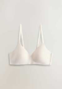 Soutien-gorge en coton blanc et doux avec une forme de cup triangulaire. Doté de bretelles réglables et sans rembourrage visible. Design simple et sans coutures.