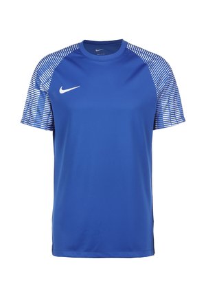Blaues Nike Sport-T-Shirt mit kurzen Ärmeln. Hat eine einfarbige Vorderseite, gestreiften Stoff an den Ärmeln und ein kleines weißes Logo auf der Brust.