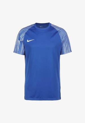 Blauwe Nike sport t-shirt met korte mouwen. Heeft een effen voorkant, gestreepte stof op de mouwen en een klein wit logo op de borst.