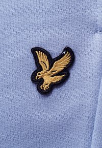 Écusson d'oiseau brodé en or aux ailes déployées cousu sur un tissu tricoté bleu clair.