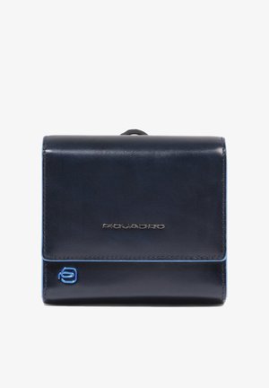 Dark blue leather wallet with metal logo and flap closure, showing a small blue emblem on the lower left corner.