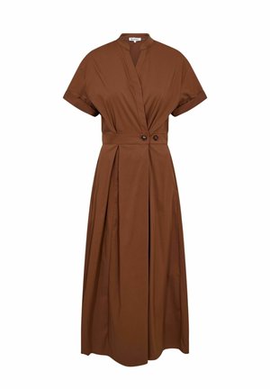 Hnedé midi šaty s krátkym rukávom a zavinovacím výstrihom do V, s priliehavým pásom zdobeným dvoma gombíkmi a plisovanou sukňou.