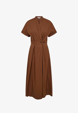 Hnedé midi šaty s krátkym rukávom a zavinovacím výstrihom do V, s priliehavým pásom zdobeným dvoma gombíkmi a plisovanou sukňou.