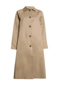 Beige trenchcoat van gladde stof, met een kraag, lange mouwen en zes ronde knopen aan de voorkant voor sluiting.