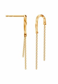 Złote kolczyki o skręconym kształcie obręczy z dwoma wiszącymi łańcuszkami. Polerowane wykończenie o geometrycznym kształcie.