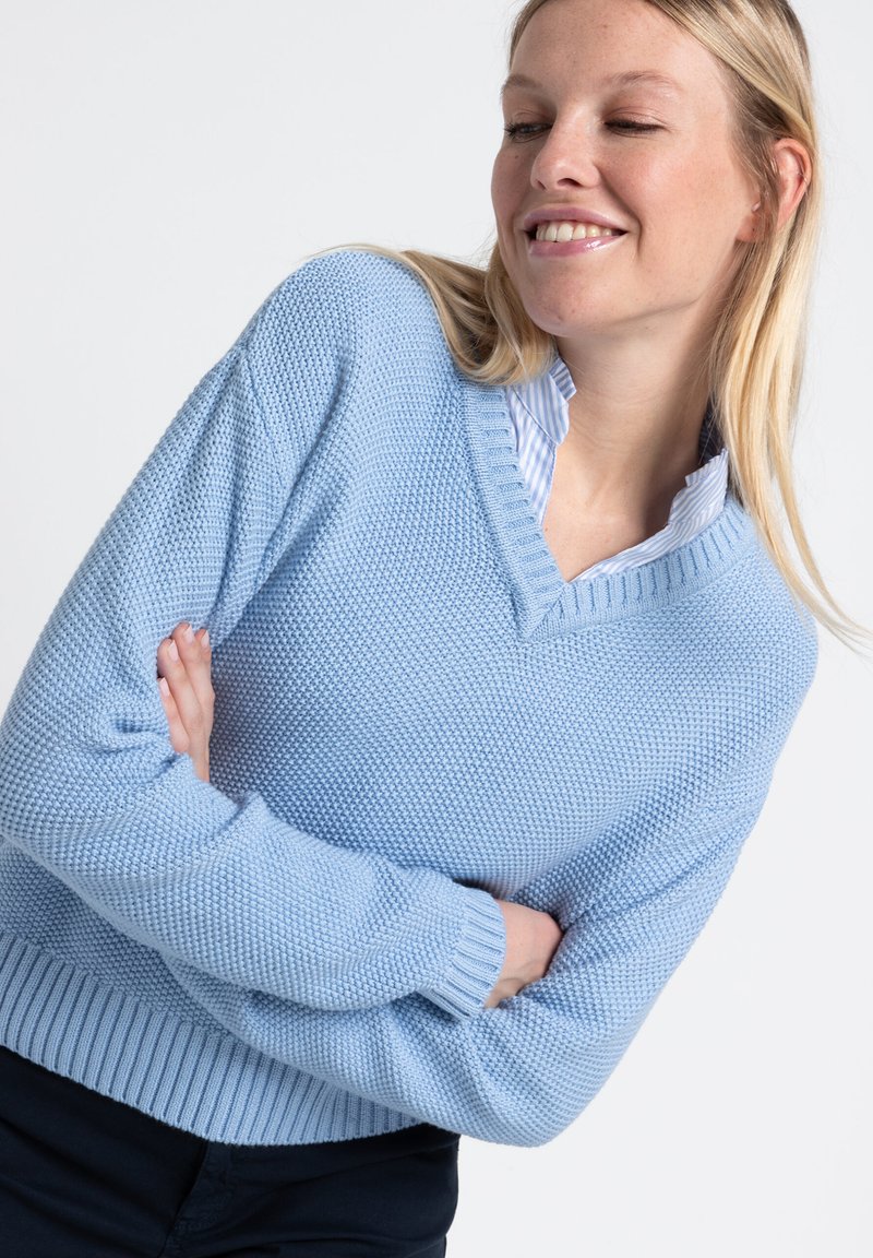 Hellblauer Strickpullover mit V-Ausschnitt, strukturiertem Gewebe und gerippten Bündchen sowie Saum. Über einem Kragenhemd getragen, was einen geschichteten Stil zeigt.