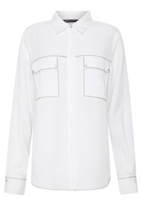 White long-sleeve shirt with two chest pockets, featuring contrasting gray stitching, a classic collar, and button closures at the cuffs.