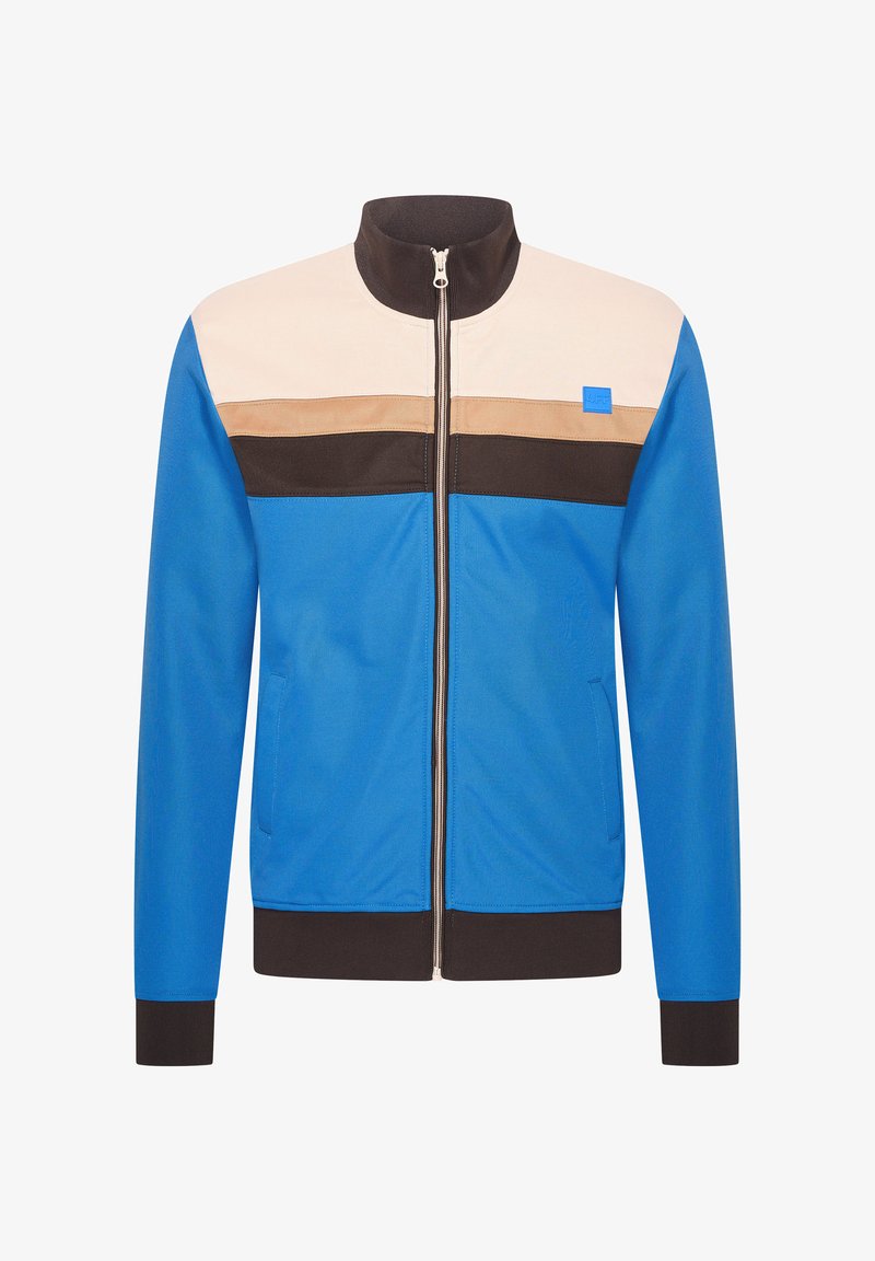 Blue jacket with a high collar, zip front, and color-blocked design in beige, brown, and black. Features two side pockets.
