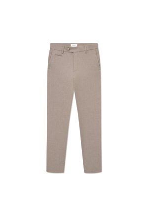 Pantaloni beige su misura con una texture liscia, vestibilità affusolata, tasche anteriori e chiusura a bottone; design minimalista e linee pulite.