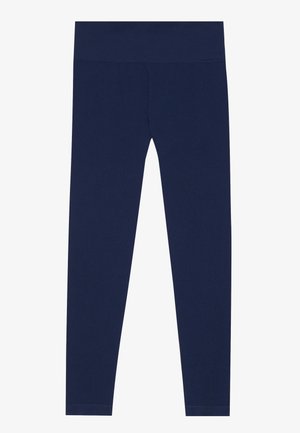 Leggings azul marino con una amplia cinturilla elástica. Confeccionados en una mezcla de algodón flexible, con una textura suave y sin estampados ni adornos.