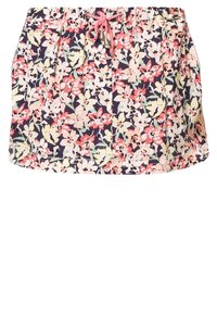 Jupe-culotte à imprimé floral avec un fond marine, ornée de fleurs roses et jaunes, taille élastique et cordon de serrage ajustable. Tissu léger.