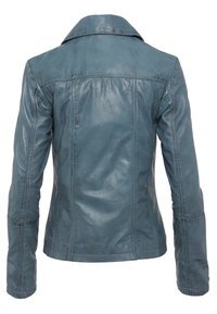 Blauwe leren jas met een aansluitend ontwerp, voorzien van een kraag, lange mouwen, gestikte details en een gladde, glanzende textuur.