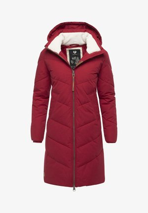 Rote, gestepfte lange Jacke mit Reißverschluss vorne und Kapuze. Fleecegefütterter Kragen und Taschen, strukturiertem Stoff und Logodetail am Ärmel.