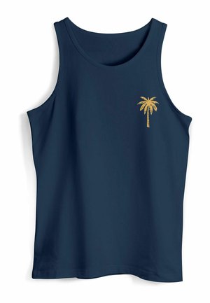 Marineblaues Tanktop aus glattem Stoff mit einem goldenen Palmenbaum-Graphic auf der linken Brustseite. Klassisches ärmelloses Design.