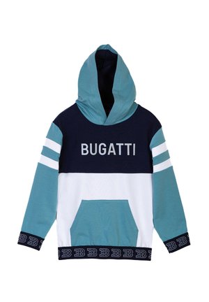 Kapuzensweatshirt mit einem Farbschichten-Design in Türkis, Marineblau und Weiß, ausgestattet mit einer Fronttasche und "BUGATTI"-Druck auf der Brust.