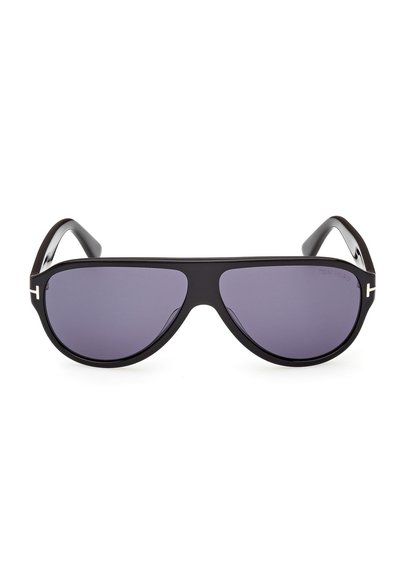 Lunettes de soleil de style aviateur noires avec des verres gris foncé et des branches fines ornées d'accents argentés en forme de T.