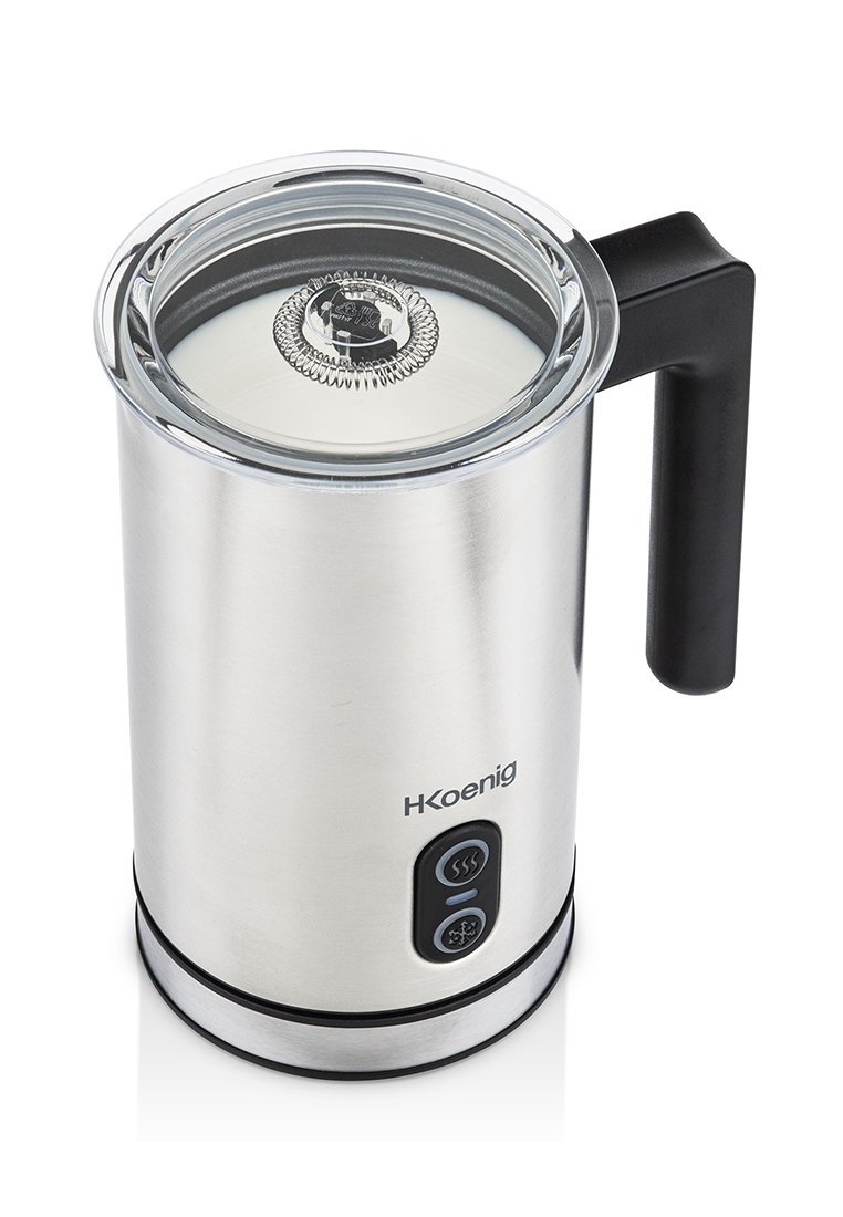 Frullatore per latte in acciaio inox con coperchio trasparente e manico nero. Presenta due pulsanti sulla parte anteriore per riscaldare e montare il latte.