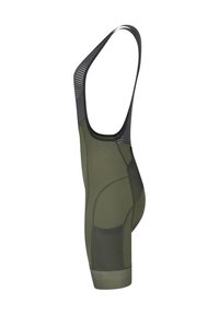 Men's bib shorts in dark olive with a mix of smooth and textured panels, featuring shoulder straps and a fitted design for cycling.