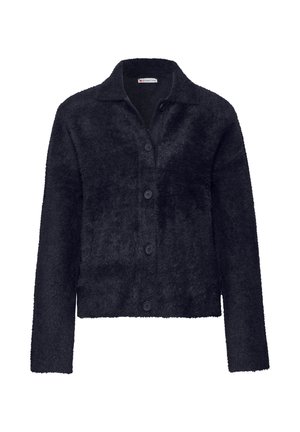 Black, fuzzy fabric jacket with a collared neckline, front button closure, and long sleeves. Cropped design, soft texture, no patterns.