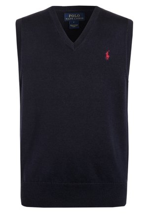 Chaleco de suéter sin mangas azul marino con cuello en V y pequeño logo rojo del jugador de polo de Ralph Lauren en el pecho izquierdo.