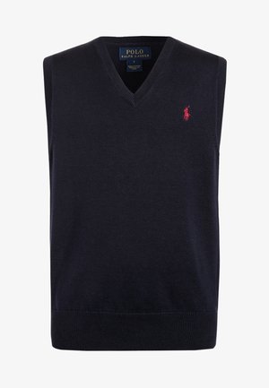 Marineblaue ärmellose V-Ausschnitt Pulloverweste mit kleinem rotem Ralph Lauren Polo-Spieler-Logo auf der linken Brust.