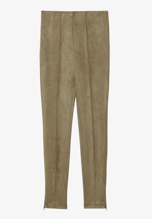 Khaki faux suede püksid vertikaalsete õmblustega ja kitsaste vääntustega, millel on sile tekstuur ja istuv siluett.