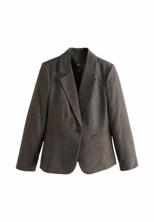 Hnědý kostkovaný blazer s členěným límcem, jednobotonovým zapínáním, dvěma předními kapsami a dlouhými rukávy s přizpůsobeným střihem.