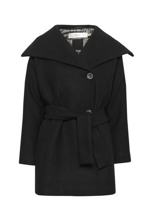 Black wool coat with a wide collar, large buttons, and a matching belt at the waist. Features long sleeves and a slightly oversized design.