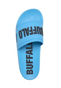 Μπλε σανδάλι slide με μαύρο έντονο κείμενο "BUFFALO" στο πέλμα και το λουράκι, λεία υφή, ανοιχτό σχέδιο δακτύλων.