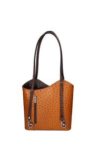 Borsa a tote in pelle textured marrone con manici in pelle liscia marrone scuro. Presenta una tasca con zip su un lato e un design con apertura superiore.