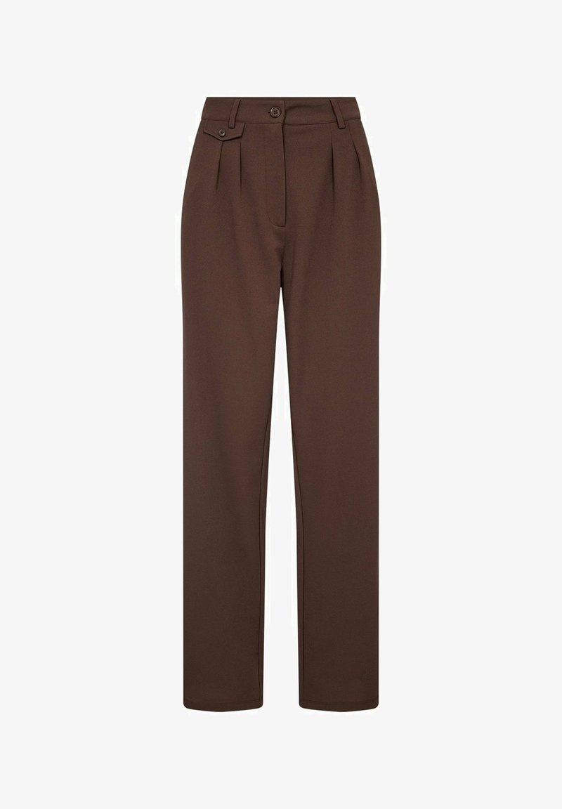 Bruine op maat gemaakte broeken met voorvouwen, sluiting met twee knopen en zijzakken. Gemaakt van een zachte, lichte stof.