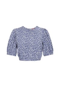 Blusa a maniche corte blu con motivo floreale, maniche a sbuffo, orlo arricciato e motivo di fiori bianchi. Tessuto leggero con scollo rotondo.