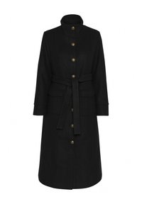 Manteau noir avec un col haut, des boutons dorés et une taille ceinturée. Dispose de deux poches avant et d'une coupe droite.