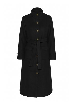 Black coat with a high collar, gold buttons, and a belted waist. Features two front pockets and a straight design.